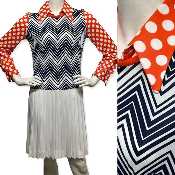 VINTAGE 1970s Fun Funky Polka Dot ZigZag Chevron Mixed Print Dress Medium 8 CuTE - Picture 1 of 14
